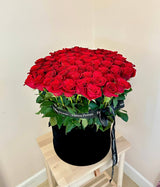 Red roses in box- 100 long steps red roses in velvet box.