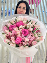 Spring Symphony - Bouquet of Peonies, Tulips, wax, and Hyacinths.