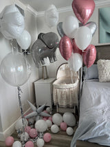 Baby Shower & Welcome Home Decoration β Pink, White & Silver Balloon Room Setup