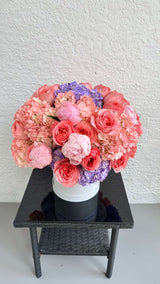 «Hawaiian party» - European hydrangea, garden roses and peonies.