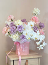 Dreamy angel - box with pink, white, purple roses, hydrangeas, white orchids and fashion decor.