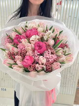 Spring Symphony - Bouquet of Peonies, Tulips, wax, and Hyacinths.