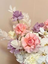 Dreamy angel - box with pink, white, purple roses, hydrangeas, white orchids and fashion decor.