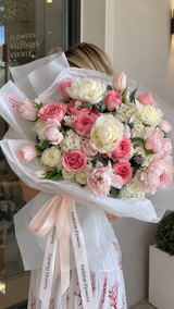Sweet morning - bouquet of garden roses, tulips, blue tweeds, hydrangeas, and peonies