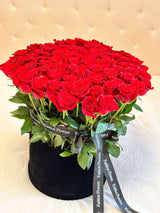 Red roses in box- 100 long steps red roses in velvet box.