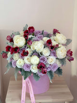Fiona - flowers box arrangement with roses, peonies, tulips.
