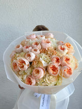 Peach orchard - garden roses and European hydrangeas.