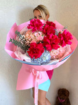 Hot Kiss - Bright Roses, Hydrangea, Carnation & Eucalyptus Bouquet