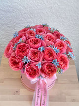 Mona Lisa - Pink Garden Roses & Blue Tweedia in a Box