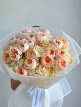 Peach orchard - garden roses and European hydrangeas.