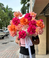 Let’s dance ! - Hydrangeas, Long Stem Hot Pink, Orange, and Pink Roses in a Box