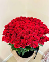 Red roses in box- 100 long steps red roses in velvet box.