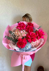 Hot Kiss - Bright Roses, Hydrangea, Carnation & Eucalyptus Bouquet