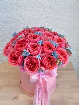 Mona Lisa - Pink Garden Roses & Blue Tweedia in a Box