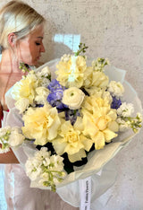 “Waves of tenderness” - European blue hydrangea, white open up roses, stock flowers and ranunculus.