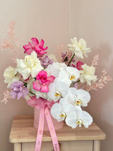 Dreamy angel - box with pink, white, purple roses, hydrangeas, white orchids and fashion decor.