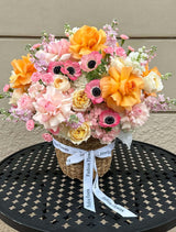 Garden of Love - a Basket of Garden Roses, Carnations, Hydrangeas, Hollyhocks, Anemones