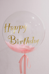 Feather Balloon “Happy Birthday” – Transparent Balloon with White & Pink Feathers