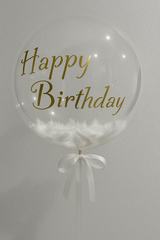 Feather Balloon “Happy Birthday” – Transparent Balloon with White & Pink Feathers