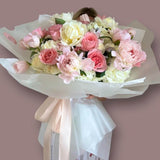 Sweet morning - bouquet of garden roses, tulips, blue tweeds, hydrangeas, and peonies