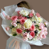 Sweet morning - bouquet of garden roses, tulips, blue tweeds, hydrangeas, and peonies