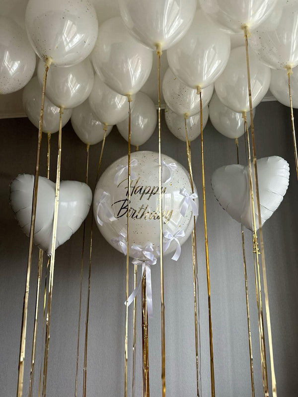 White & Gold Birthday Balloon Set – Elegant Balloon Bouquet with Hearts