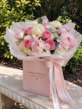 Sweet morning - bouquet of garden roses, tulips, blue tweeds, hydrangeas, and peonies