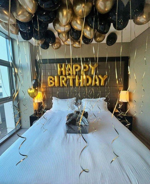 Luxury Birthday Room Decoration – Black & Gold Ceiling Balloons with Setup