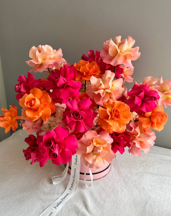 Let’s dance ! - Hydrangeas, Long Stem Hot Pink, Orange, and Pink Roses in a Box