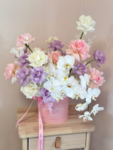Dreamy angel - box with pink, white, purple roses, hydrangeas, white orchids and fashion decor.