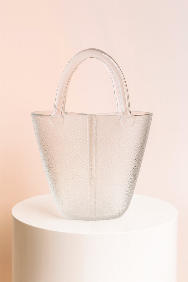Luxury Glass Bag Vase – Pink / Gold / Clear | Handcrafted Designer Vase by Fashion Flowers