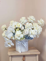 Let it snow - incredible box with blue hydrangeas, white roses, peonies and orchids