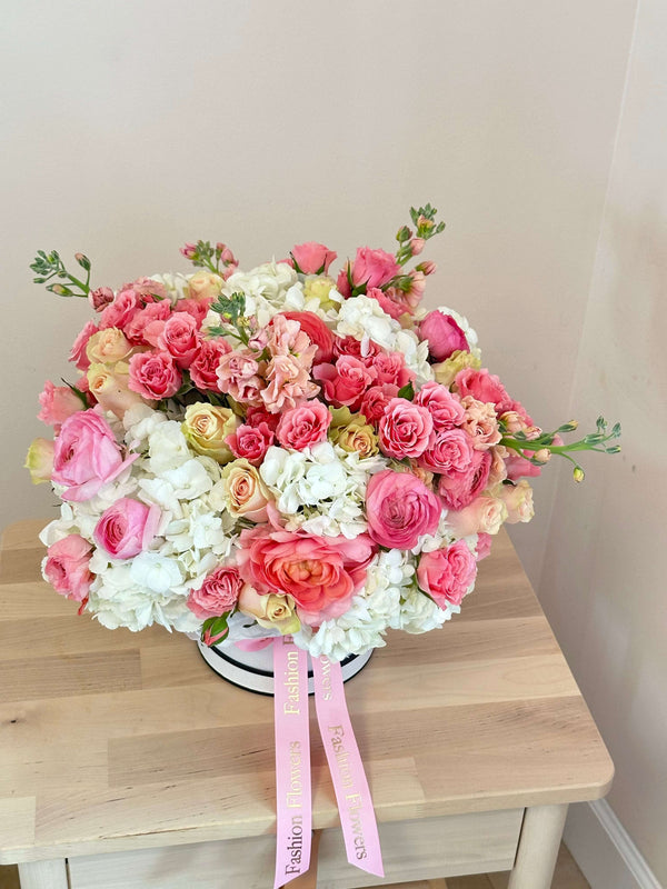 Hi Barbie - White Hydrangeas, Pink Roses, Spray Roses, Ranunculus, and Stock Flowers.