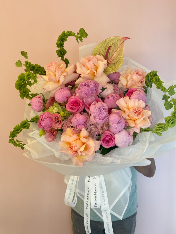 Luxury Pink & Peach Peony Bouquet – Designer Arrangement with Roses & Hydrangea