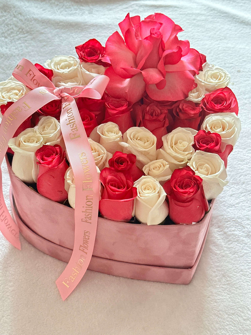 Tender Heart - Heart Shaped Box with Pink and White Roses