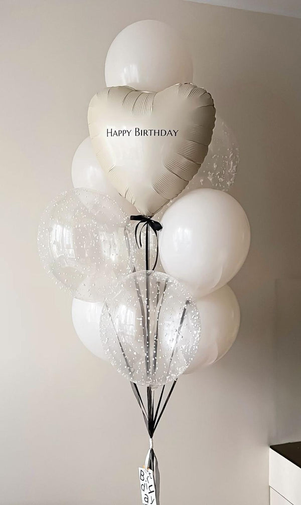 White Heart Birthday Balloon Set – Elegant Balloon Bouquet with Confetti