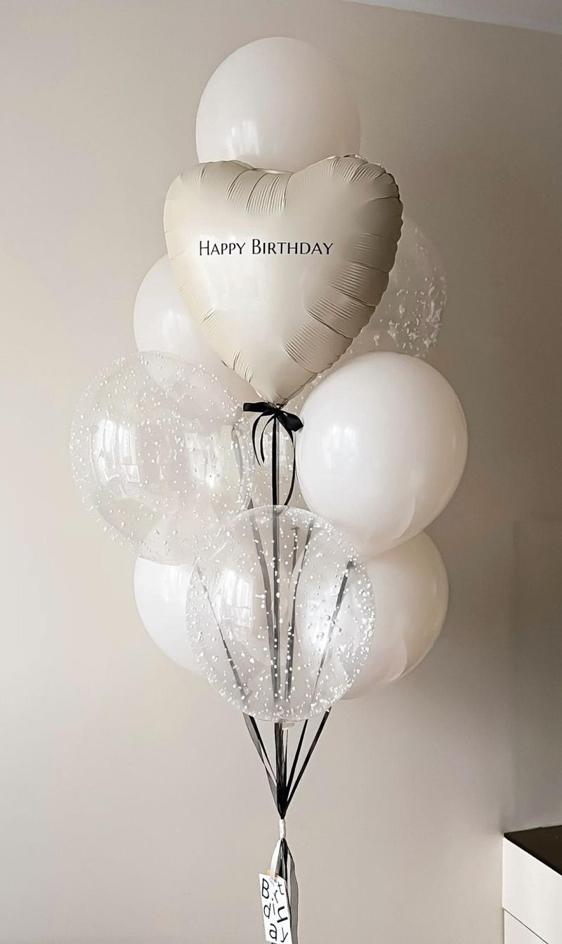 White Heart Birthday Balloon Set – Elegant Balloon Bouquet with Confetti
