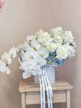 Let it snow - incredible box with blue hydrangeas, white roses, peonies and orchids