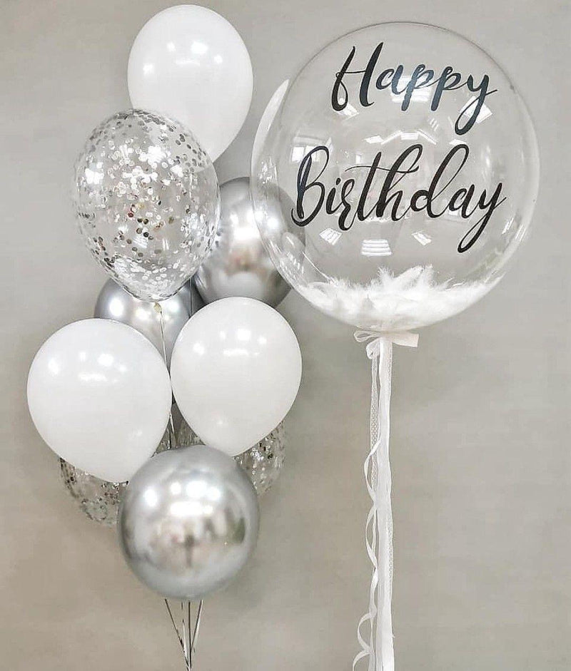 Silver & White Birthday Balloon Set – Happy Birthday Feather Balloon with Confetti