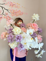 Dreamy angel - box with pink, white, purple roses, hydrangeas, white orchids and fashion decor.