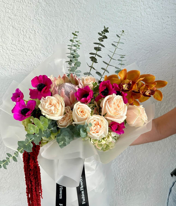 Tropical Mood - Protea, Anemones, Roses, Orchids & Hydrangeas Bouquet