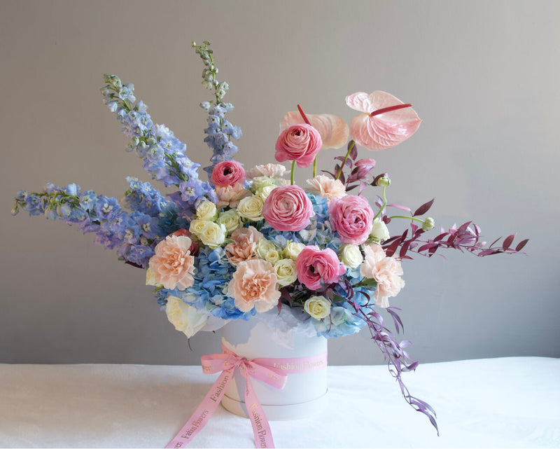 Shadows in Paradise - Elegant Blue Delphinium and Hydrangea Bouquet