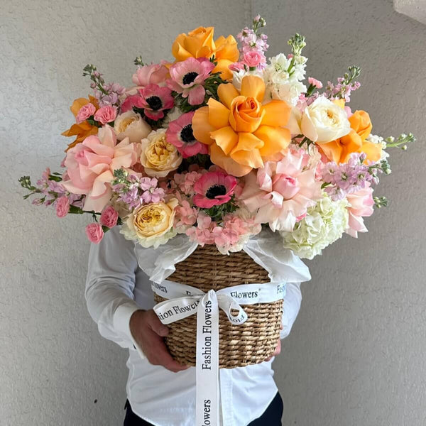 Garden of Love - a Basket of Garden Roses, Carnations, Hydrangeas, Hollyhocks, Anemones
