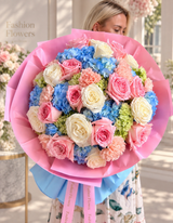 Cotton Candy Sky – Luxury Pink Roses & Blue Hydrangea Bouquet