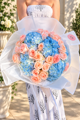 Marshmallow – Peach Roses & Blue Hydrangea Bouquet by Fashion Flowers - view 2