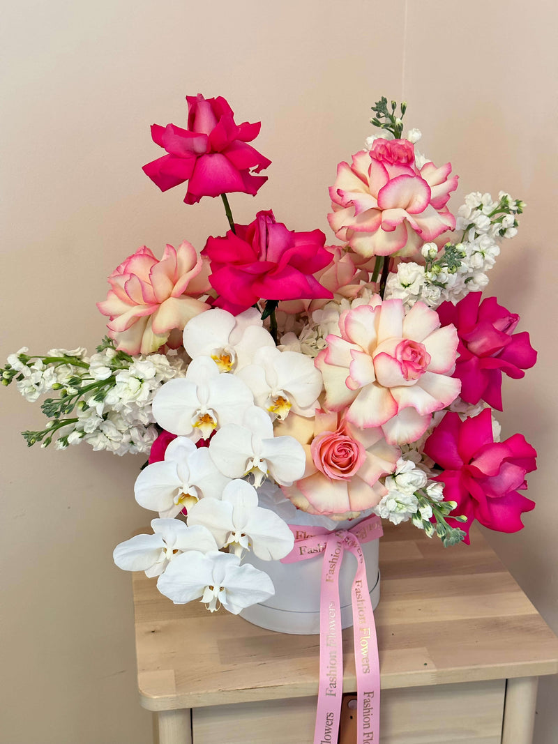 Swan Lake - Captivating Bouquet of Pink Roses, Matthiola, Hydrangeas, Orchids