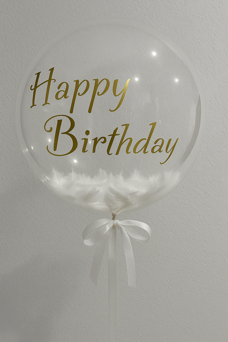 Feather Balloon “Happy Birthday” – Transparent Balloon with White & Pink Feathers