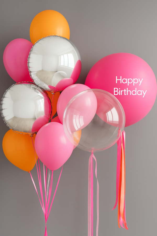 Happy Birthday Balloon Bouquet – Pink & Orange Celebration Set