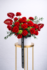 Kiss me - Red Roses, Green Hydrangeas, Italian Ruscus & Anthurium in a Flower Box