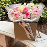 Sweet morning - bouquet of garden roses, tulips, blue tweeds, hydrangeas, and peonies